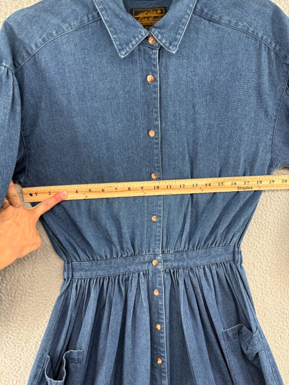 Vintage Eddie Bauer Denim Shirt Dress Small Maxi Chambray Cotton Prairie Pockets - Picture 9 of 14